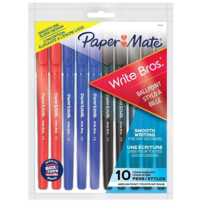 Stylos-bille Paper Mate Write Bros, encres assorties, pointe moyenne (1,0 mm), 10 unités 10 unités