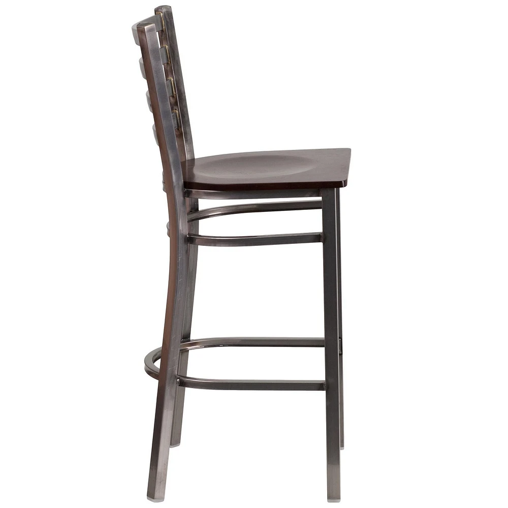 HERCULES Series Clear Coated Ladder Back Metal Restaurant Barstool - Walnut Wood Seat