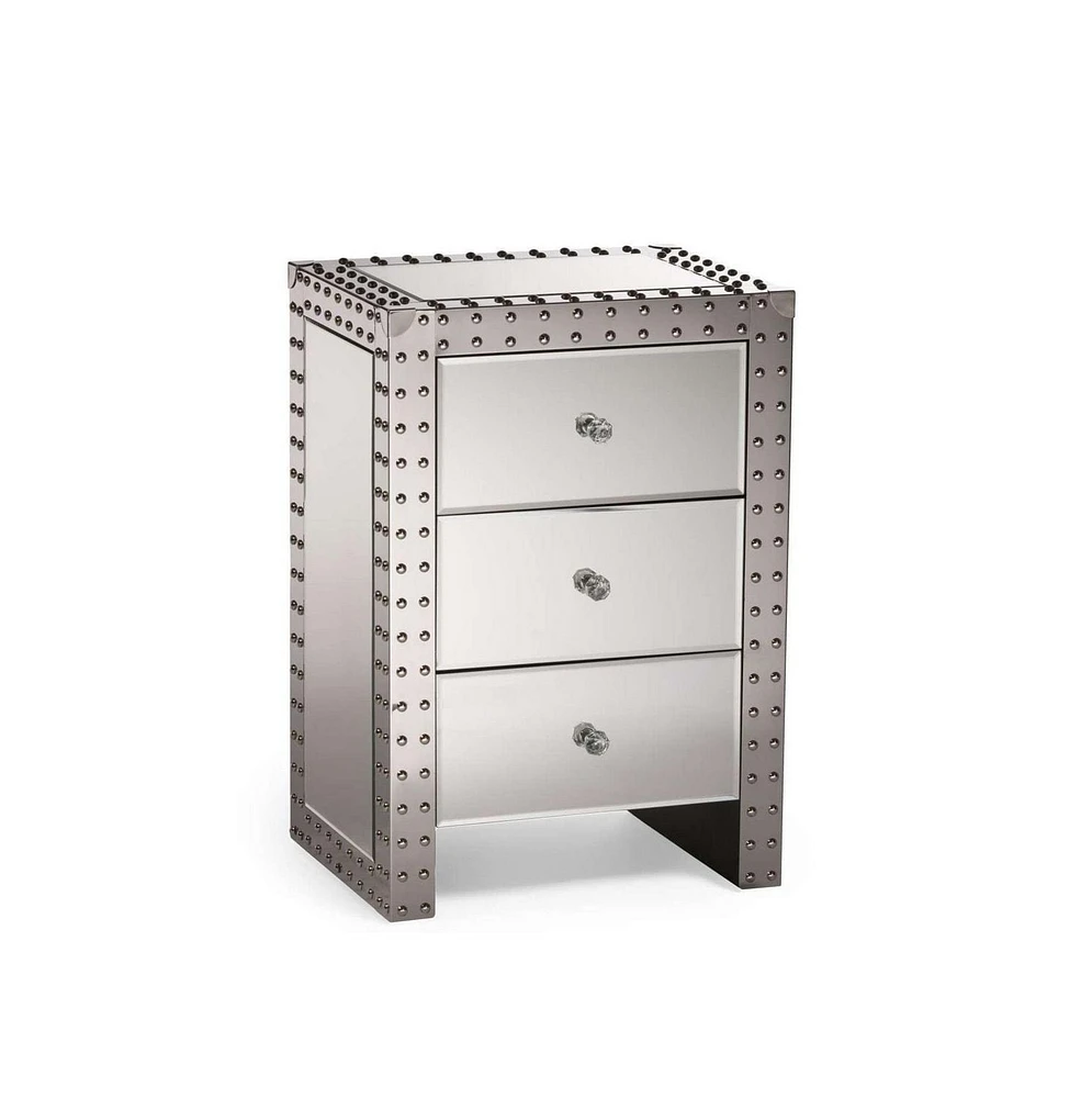 Jahnel Nightstand, Stainless Steel Nightstand, MDF Nightstand, Mirrored Nightstand, Bedroom Nightstand, Three Drawer Nightstand, Silver Nightstand, Mirrored Bedside Table