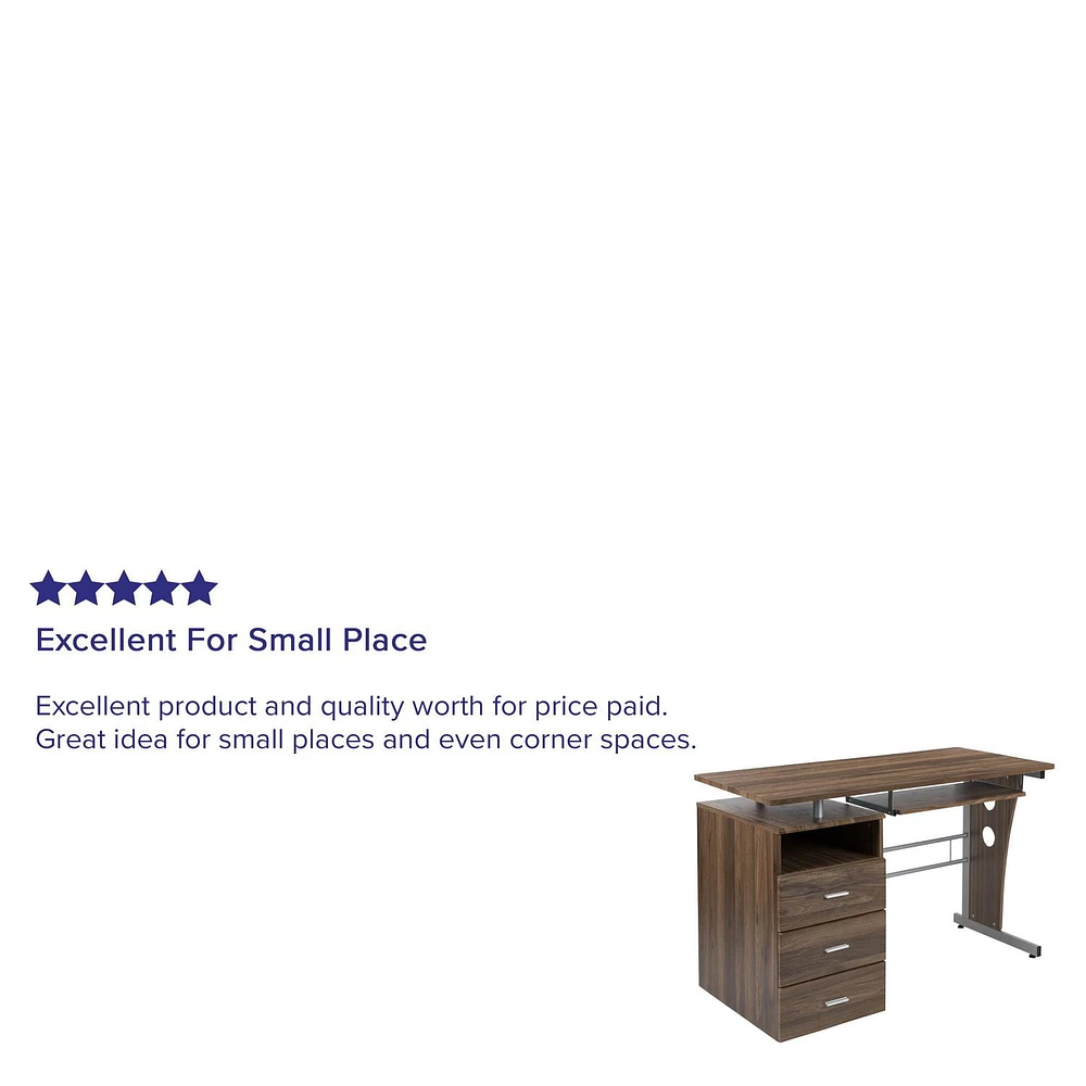 Rustic Walnut Desk with Three Drawer Pedestal and Pull-Out Keyboard Tray