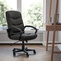 Chaise exécutive pivotante en cuir noir à dossier mi-hauteur avec dossier et appuis-bras à trois lignes de couture horizontale