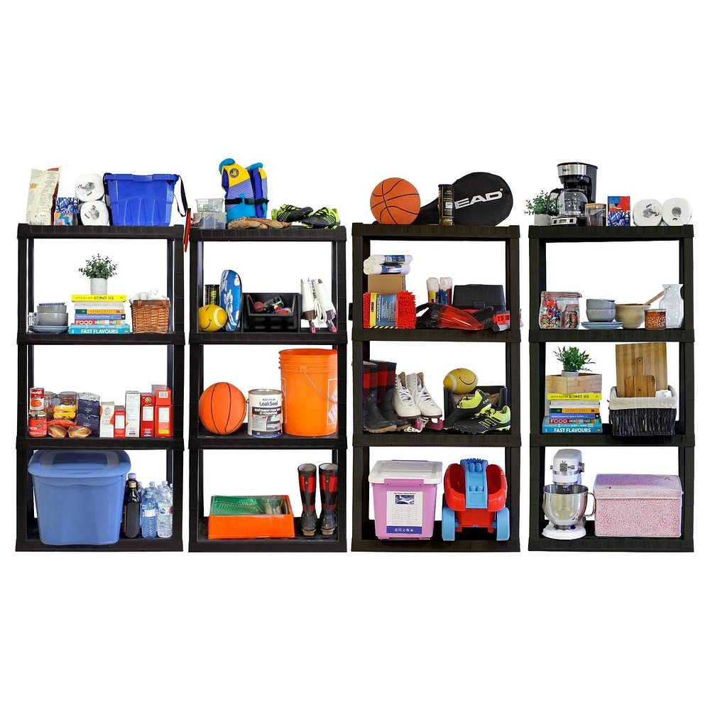 Hyper Tough Plastic Shelves Garage Storage Shelving Unit 4-Tier 56"H x 14"D x 30"W Pack of 4 Black-400 lbs Total Capacity