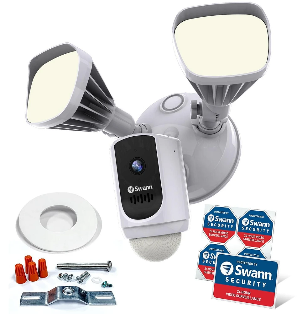 Caméra de sécurité Floodlight Wi-Fi intelligent 1080p Swann avec compatibilité Amazon Alexa et Google Assistant - Blanc