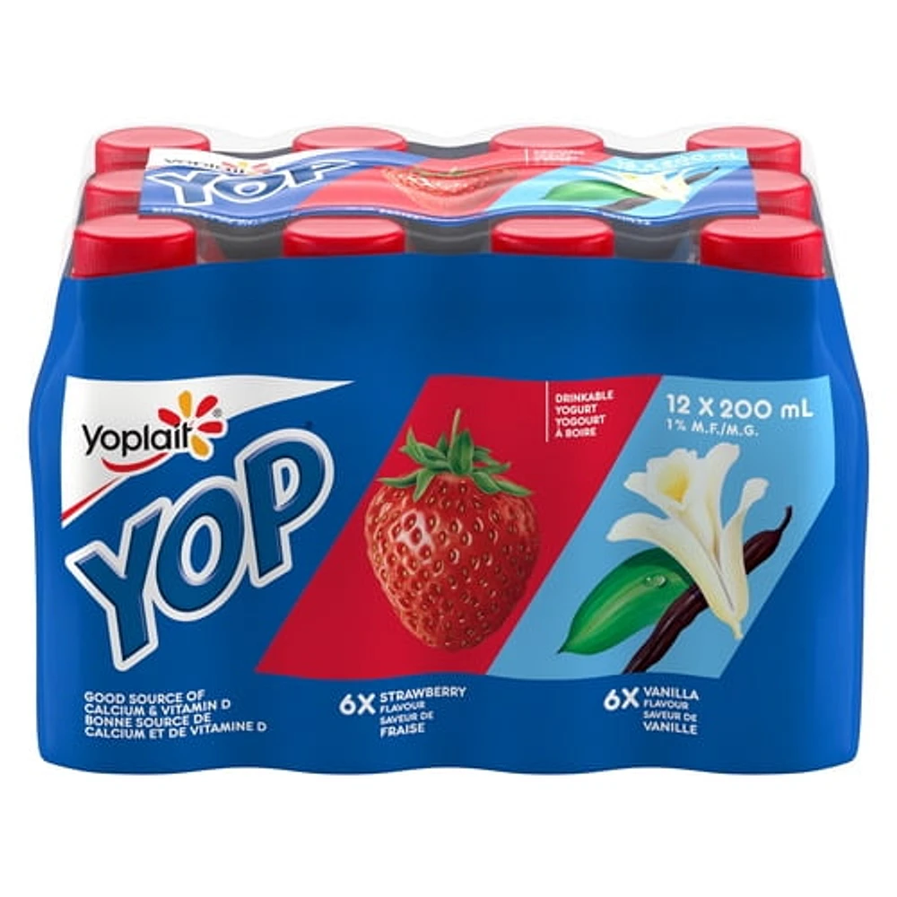 Yoplait Yop 1% Drinkable Yogurt Pack, Strawberry and Vanilla, Yogurt Drinks, 200 mL, 12 ct, 200 mL