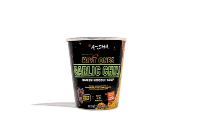 Soupe de nouilles ramen A-Sha x Hot Ones à l'ail et au piment Poids net : 2,5 oz (72 g)