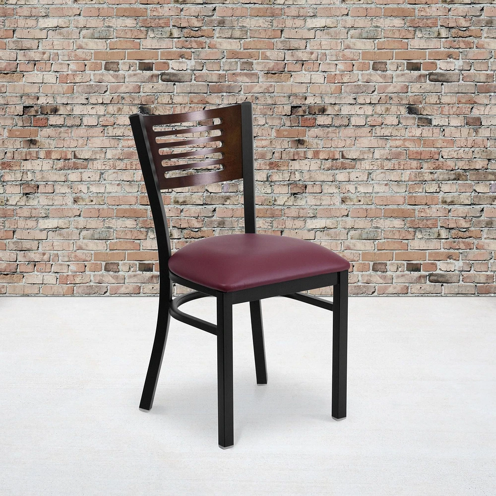 2 Pk. HERCULES Series Black Slat Back Metal Restaurant Chair - Walnut Wood Back, Burgundy Vinyl Seat