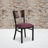 2 Pk. HERCULES Series Black Slat Back Metal Restaurant Chair - Walnut Wood Back, Burgundy Vinyl Seat