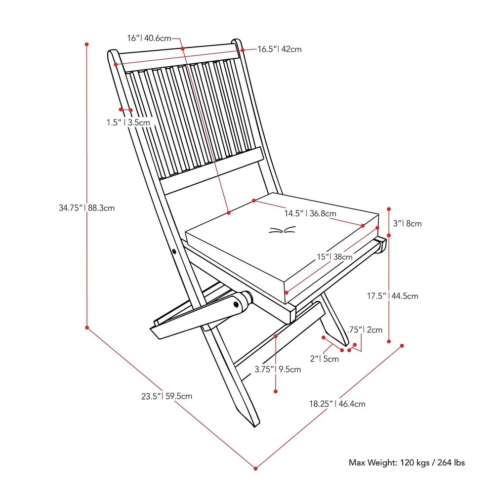 Chaises de salle à manger pliantes portables d'extérieur en bois dur massif Miramar de CorLiving avec coussins de siège - Ensemble de 2