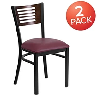 2 Pk. HERCULES Series Black Slat Back Metal Restaurant Chair - Walnut Wood Back, Burgundy Vinyl Seat