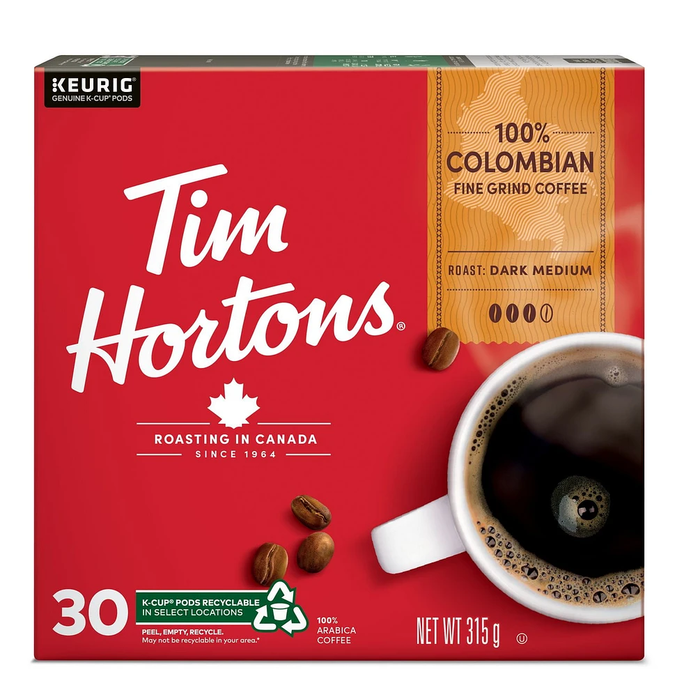 Tim Hortons 100% Colombian Dark Medium Roast Coffee, Keurig K-Cup 30ct Pods