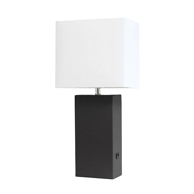 Lampe de table design moderne en cuir élégant avec abat-jour USB et tissu blanc