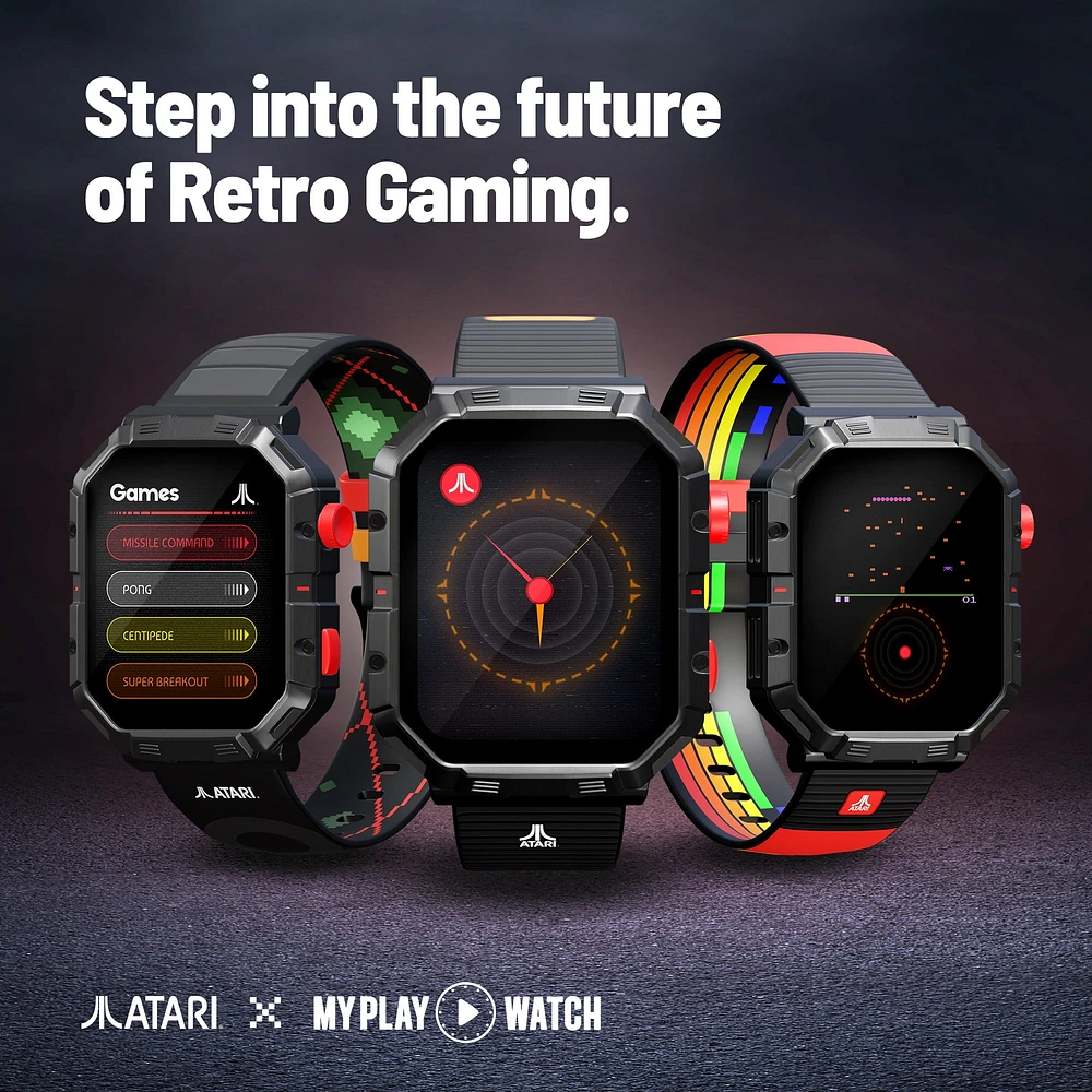 Montre My Play Watch Atari 2600™ – Montre intelligente de jeu rétro avec technologie sélective, non connectée, jeux Centipede™, Pong™, Missile Command™, Super Breakout™ intégrés, moniteur d’activités