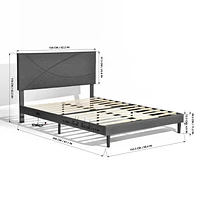 Homy Casa Lit Plateforme Rembourré avec Éclairage LED, Station de Charge USB, Tête de Lit Réglable, Sans Sommier Requis