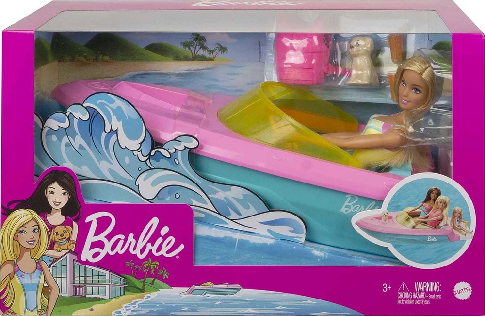 ​Barbie Doll and Boat Playset with Pet Puppy, Life Vest and Accessories, Fits 3 Dolls & Floats in Water, Gift for 3 to 7 Year Olds