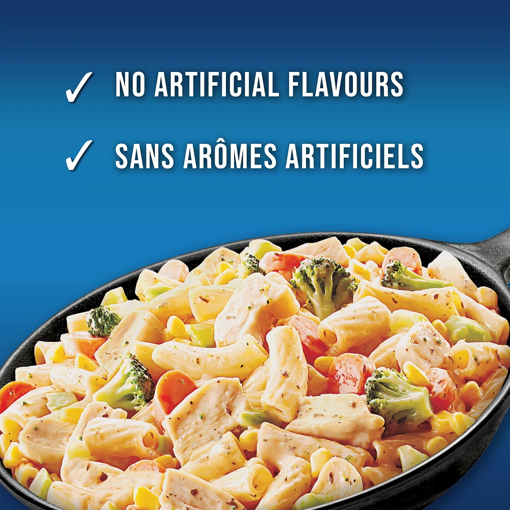 Swanson Creamy Cheddar Chicken Skillet: frozen meal with pasta, vegetables, and chicken in a creamy cheddar cheese sauce