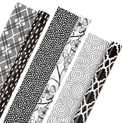 Hallmark All Occasion Reversible Wrapping Paper Bundle - Black and White Flowers and Dots (3-Pack: 75 sq. ft. ttl.)