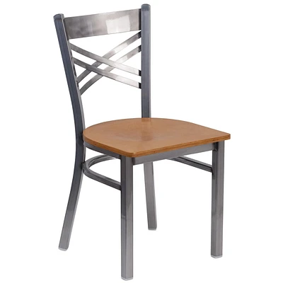 Chaise de restaurant en métal de la série HERCULES avec dossier en croix à enduit lustré - siège bois naturel