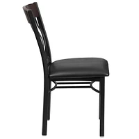 Lot de 2 pièces - Chaise de restaurant de la série Eclipse en métal noir et bois de noyer avec dossier vertical et siège en vinyle noir