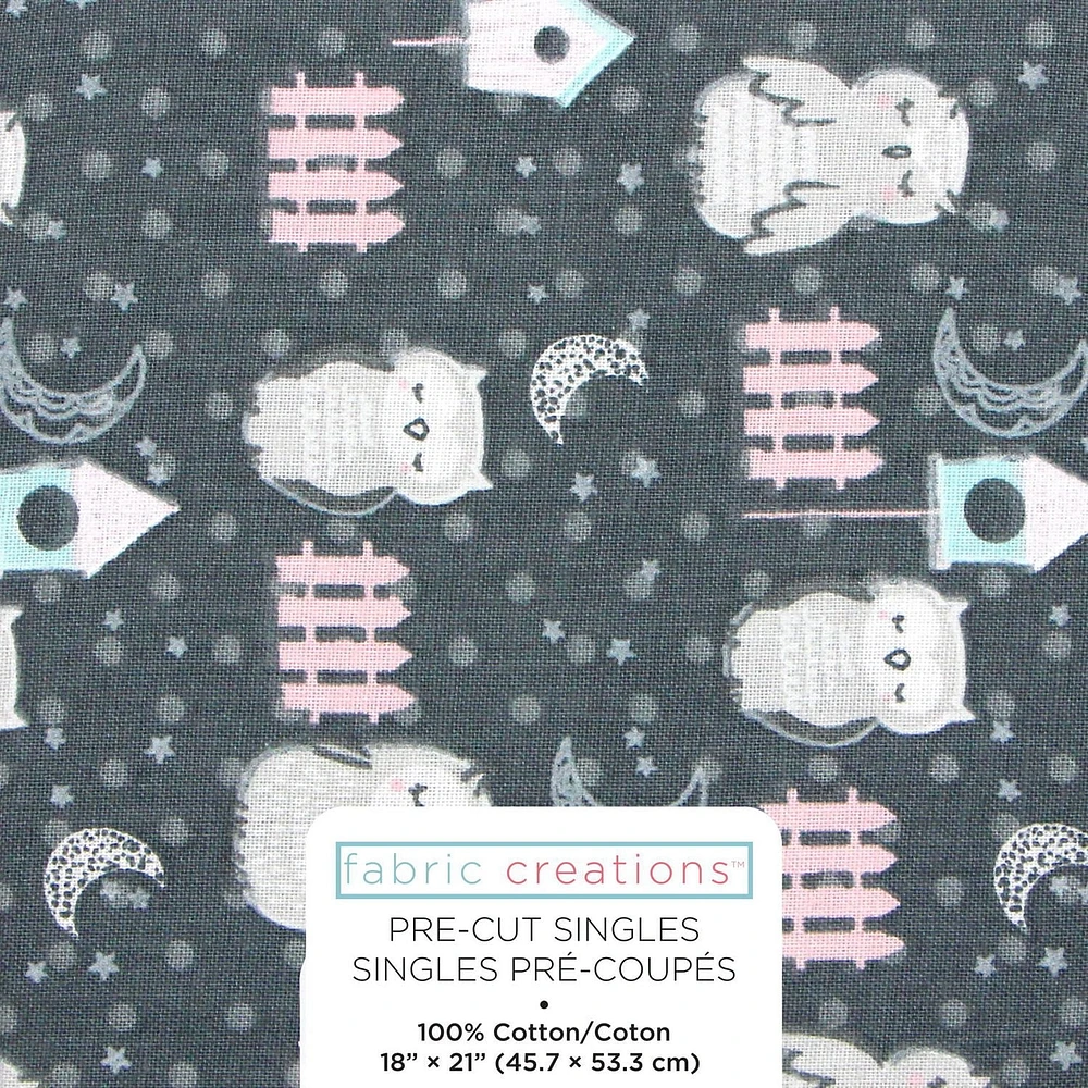 Tissu pré-coupé Fat Quarter de Fabric Creations noir avec des hiboux endormis gris - 18" x 21" / 45cm x 53cm 18" x 21" / 45cm x 53cm