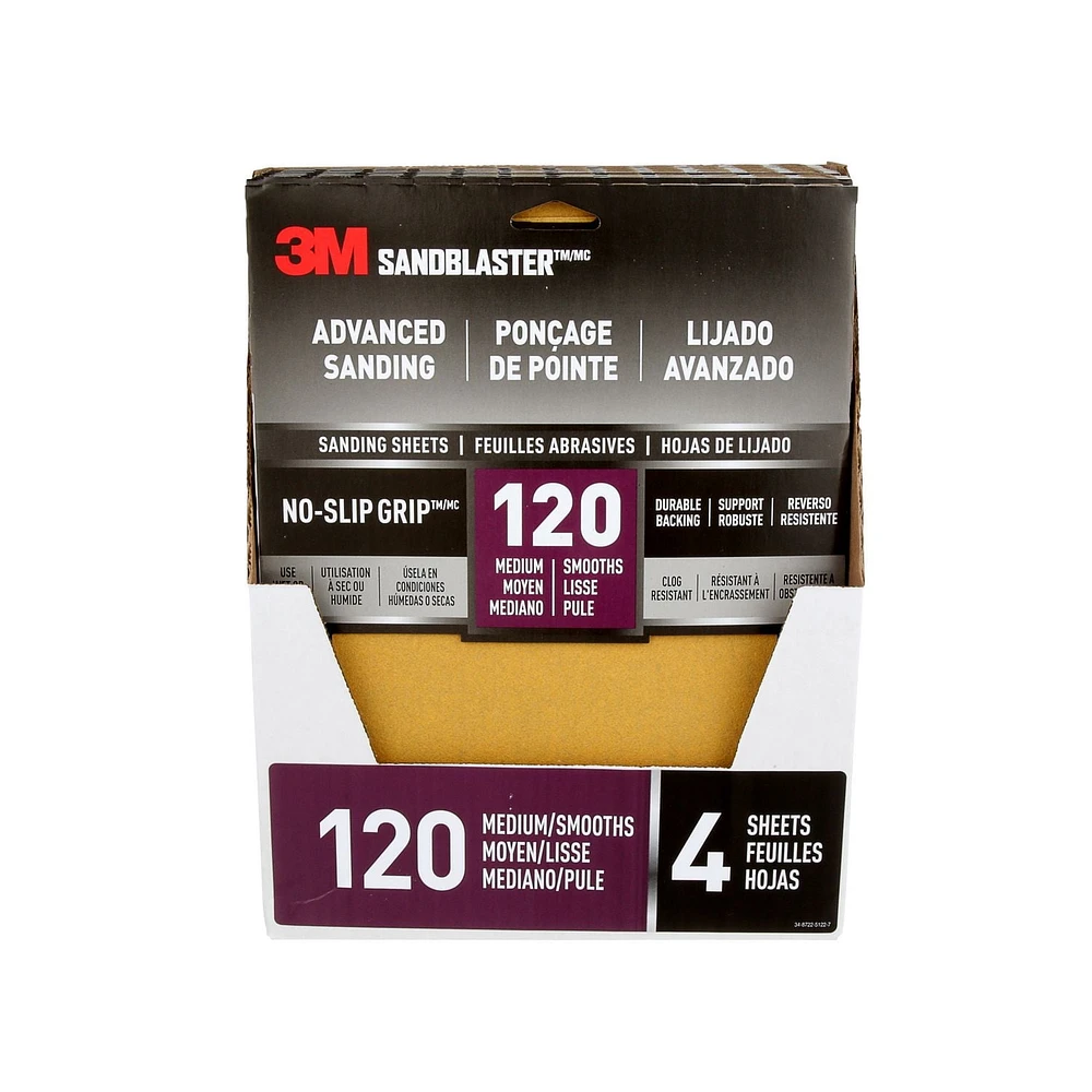3M™ SandBlaster™ Advanced Sanding Sanding Sheets 20120-G-4, with NO-SLIP GRIP, 120 Grit, 9 in x 11 in, 4/Pack