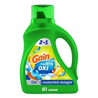 Détergent à lessive liquide Gain Ultra Oxi, parfum Cascade vivifiante, 2 en 1, compatible avec les laveuses HE 2,6 L