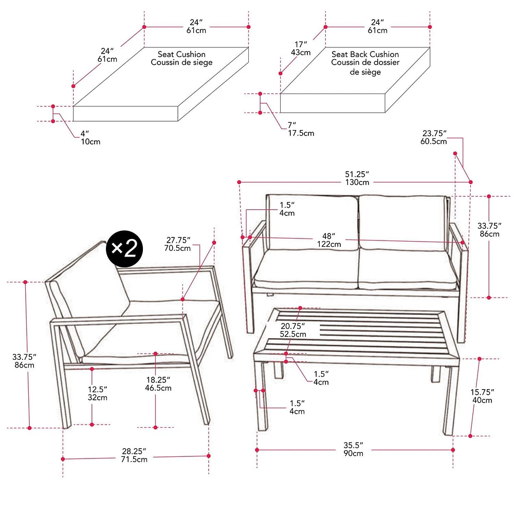 CorLiving Eden Deluxe Ensemble de conversation de patio extérieur en aluminium 4 pièces avec chaises, causeuse et table