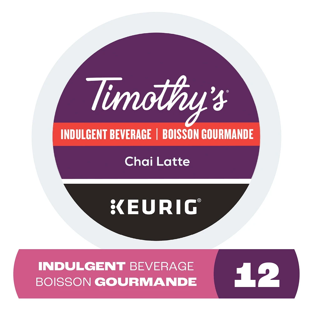Capsules K-Cup de café Chai Latte Timothy’s, gourmand, pour les cafetières Keurig Boîte de 12