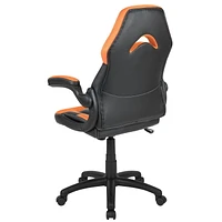 Fauteuil de jeu ergonomique de style course LeatherSoft à dossier haut,  avec appui-bras rabattables, orange / noir