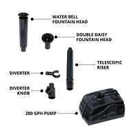 KoolScapes 200 GPH Pond Pump with 2 Interchangeable Fountain Nozzles, Outdoor Water Feature for Garden
