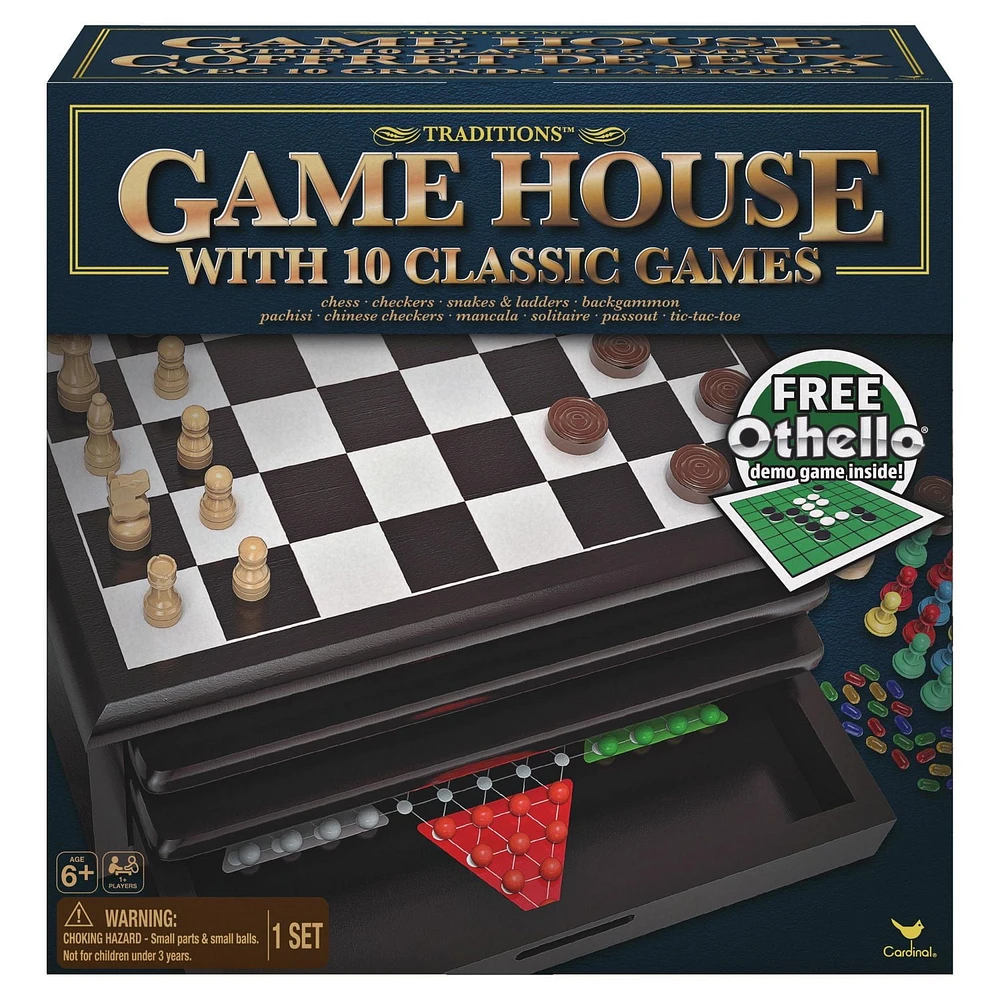 Traditions Wood Game House with 10 Classic Games Including Mini Othello, Cardinal Games