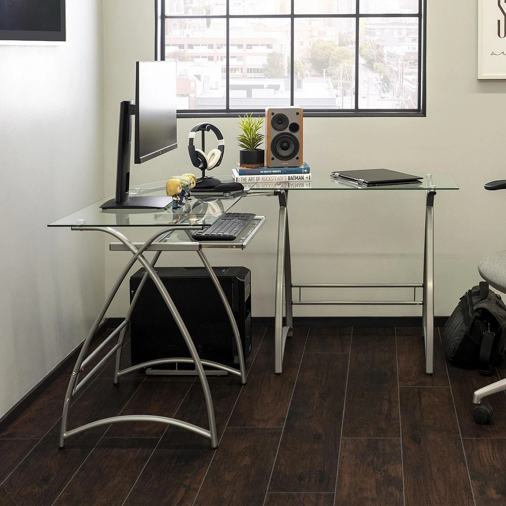 Manor Park Modern Corner Glass Computer Desk and Gaming Desk - Silver