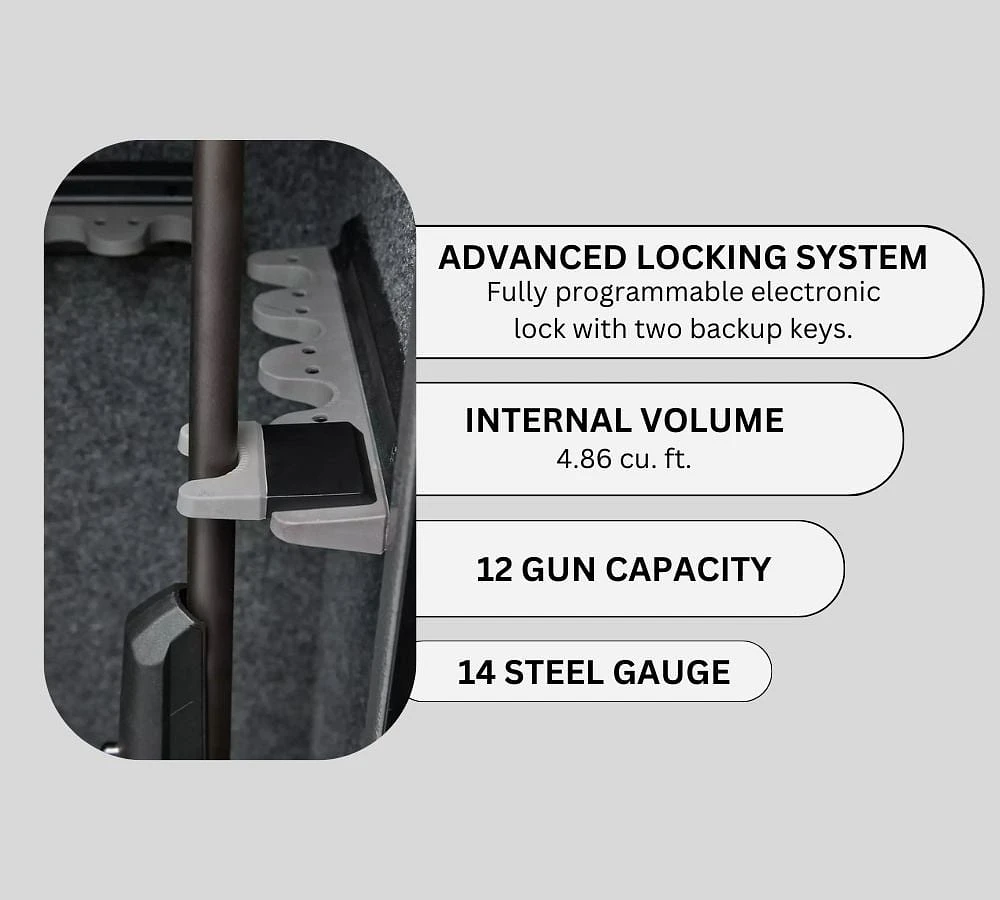 Coffre-fort pour armes à feu Canadian Shield de 53 po de hauteur avec serrure électronique programmable et protection contre le feu | Acier de calibre 14 | Capacité de 12 armes à feu