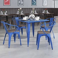 4 Pk. Blue Metal Chair with Wood Seat and Arms
