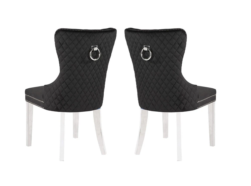 Chaise Marlon en noir, garniture à ongles et chaise de salle à manger à la touffe, chaise à manger en velours, chaise à manger avec pieds en acier inoxydable pour la cuisine et le salon - Ensemble 2