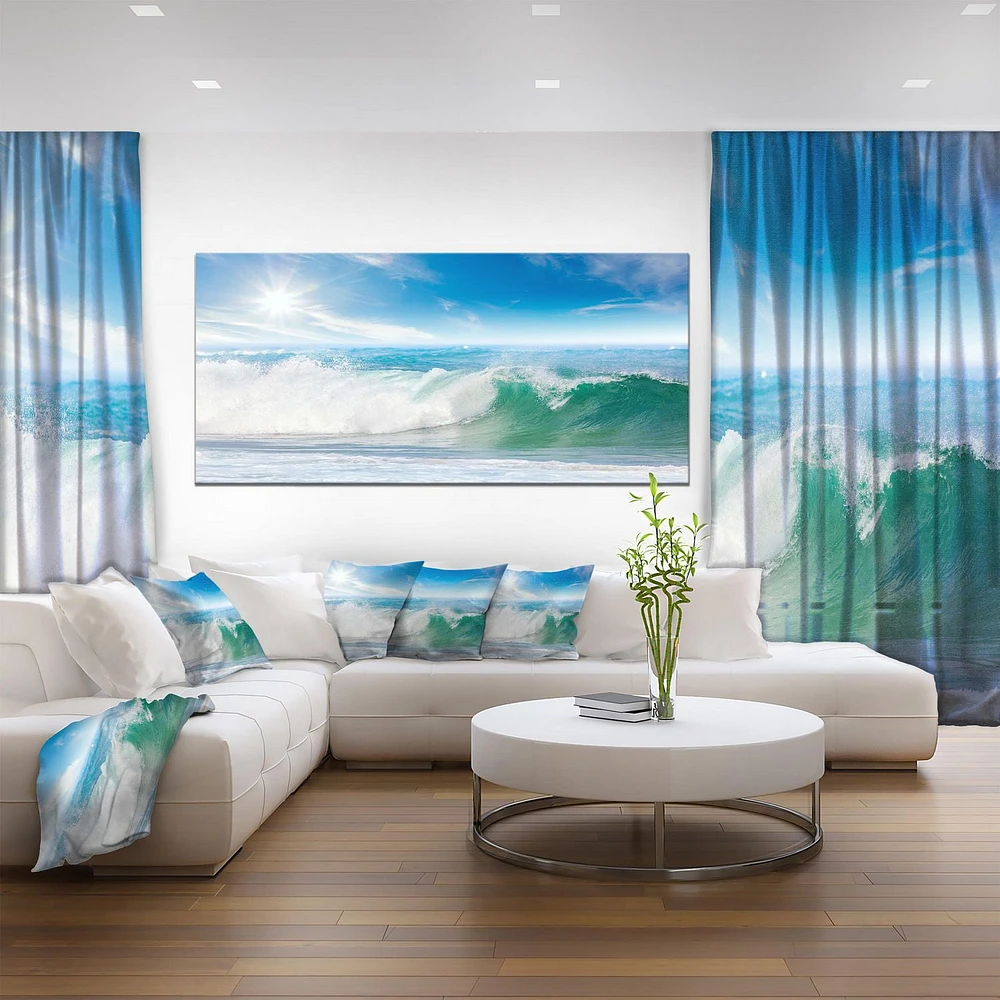 Designart White and Blue Waves under Sun Canvas Wall Art