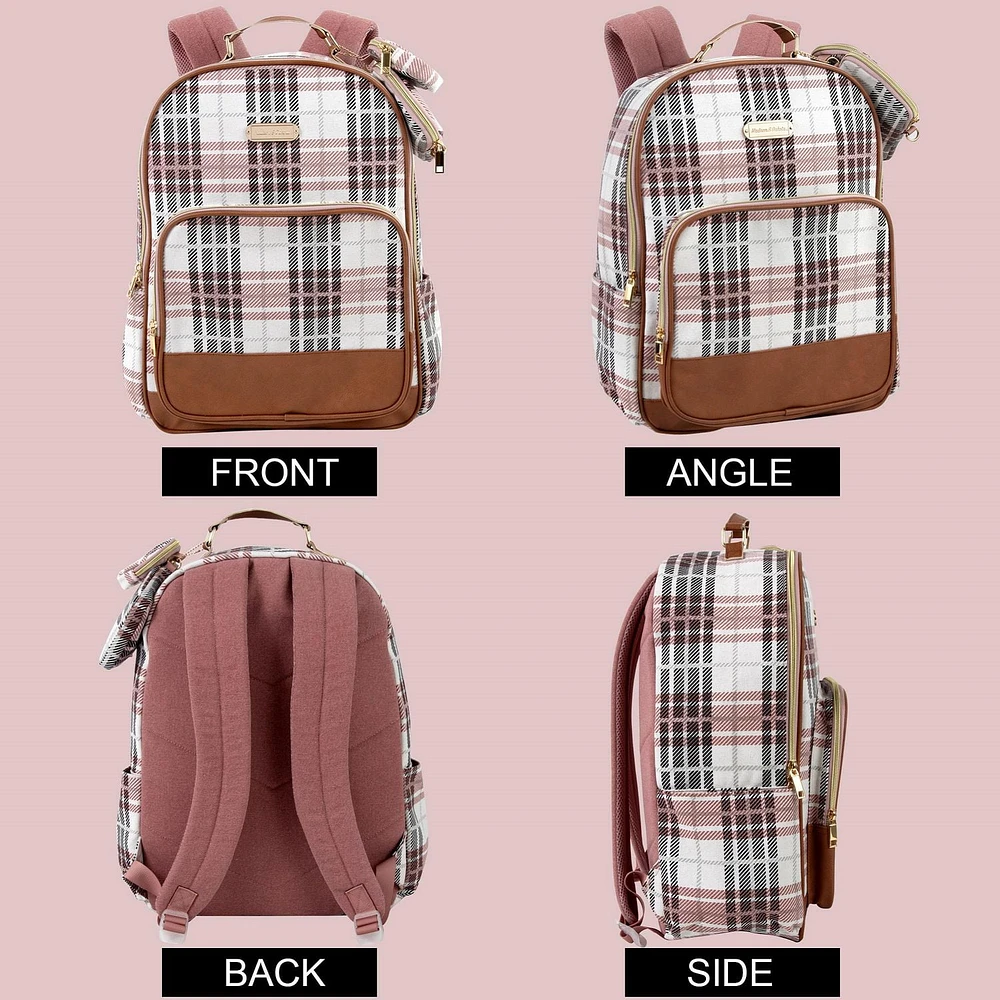 Madison & Dakota 3 Piece Multi-Pocket Backpack with Laptop Electronics Pocket, Removable Crossbody Cellphone Carrier and Removable AirPods Keychain Stash Pouch in Teal & Petal Pink Floral