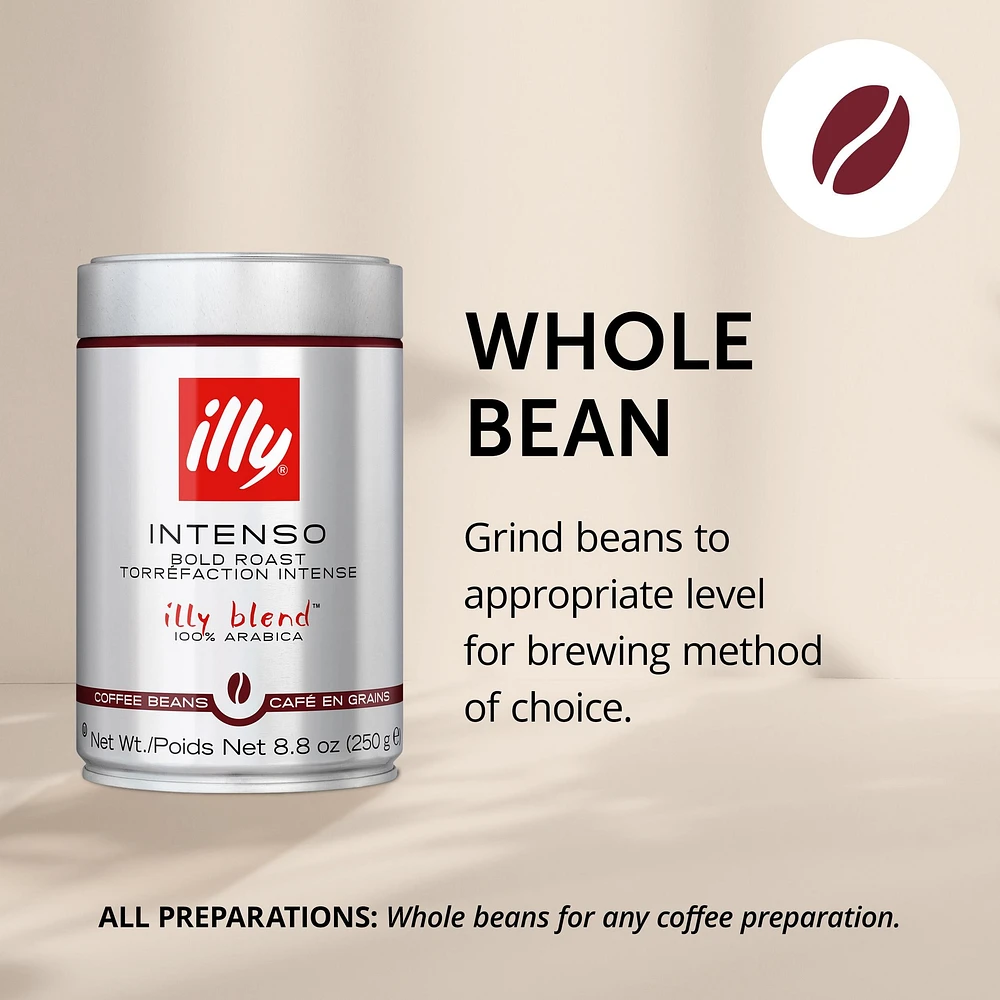 illy Café en grains entiers, torréfaction intense foncée et audacieuse , 8.8 oz • L'emballage unique du café sous pression préserve la saveur • Provenant du meilleur café 100 % Arabica • Goût intense et corsé