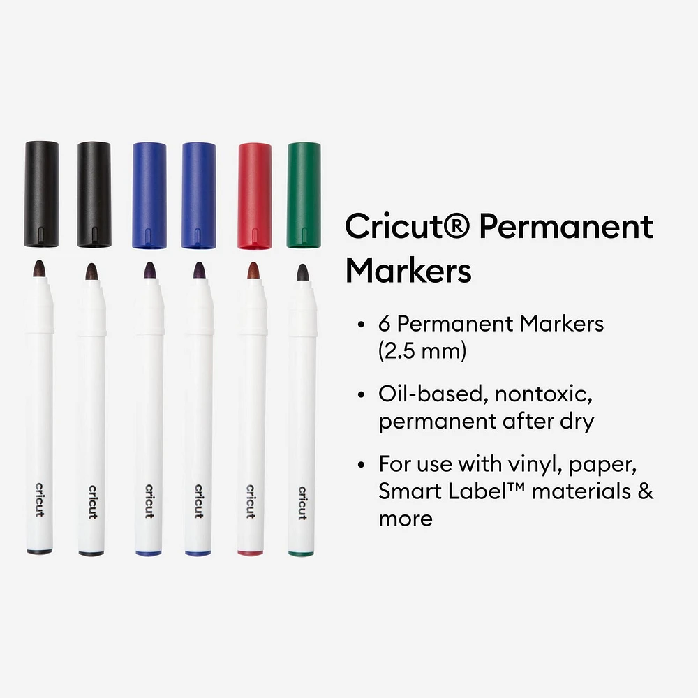 Feutres permanents Cricut 2,5 mm, Noir/Bleu/Rouge/Vert (6 unités)