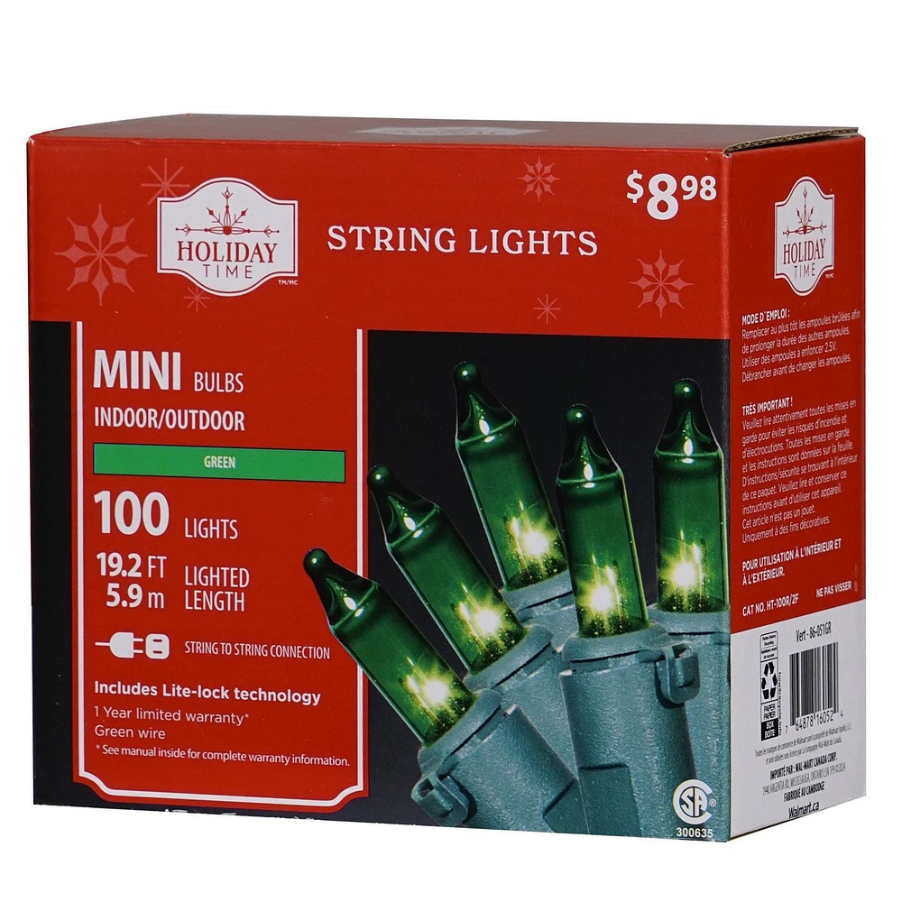 Mini guirlandes de Noël lumineuses dotées de 100 ampoules à incandescence de 19,2 pieds, vertes, avec fil vert Holiday Time