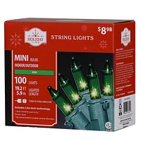 Mini guirlandes de Noël lumineuses dotées de 100 ampoules à incandescence de 19,2 pieds, vertes, avec fil vert Holiday Time