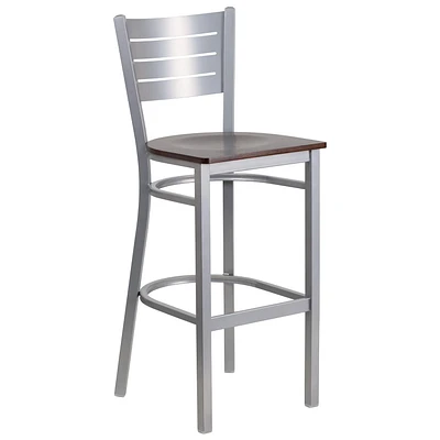 Tabouret de restaurant en métal argenté de la série HERCULES avec dossier à lattes - siège bois de noyer