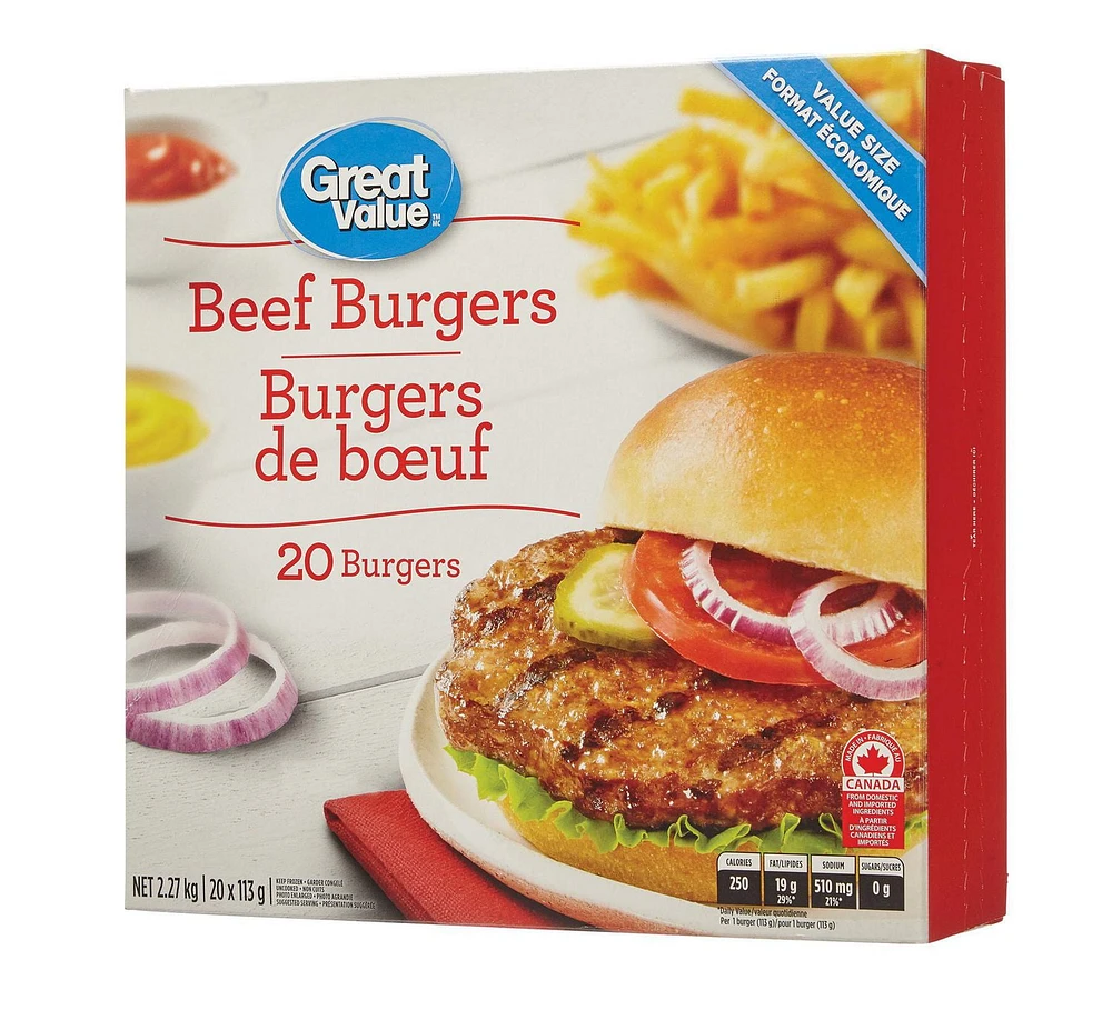 Great Value Frozen Beef Value Pack Burgers, 20x113g, 2.27KG