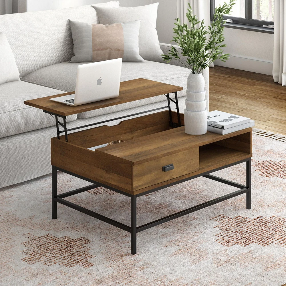 Table basse à plateau relevable Fort Worth, finition effet bois brun