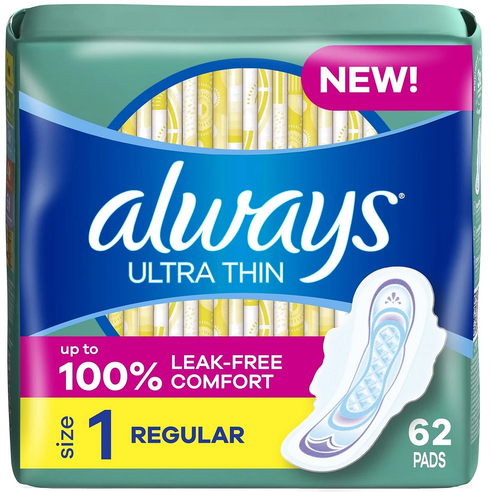 Serviettes féminines Always Ultra Thin, degré d’absorption régulier, avec ailes, pour femmes, taille1, non parfumées, 62serviettes 62CT