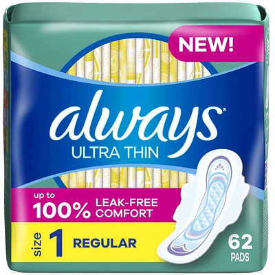 Serviettes féminines Always Ultra Thin, degré d’absorption régulier, avec ailes, pour femmes, taille1, non parfumées, 62serviettes 62CT