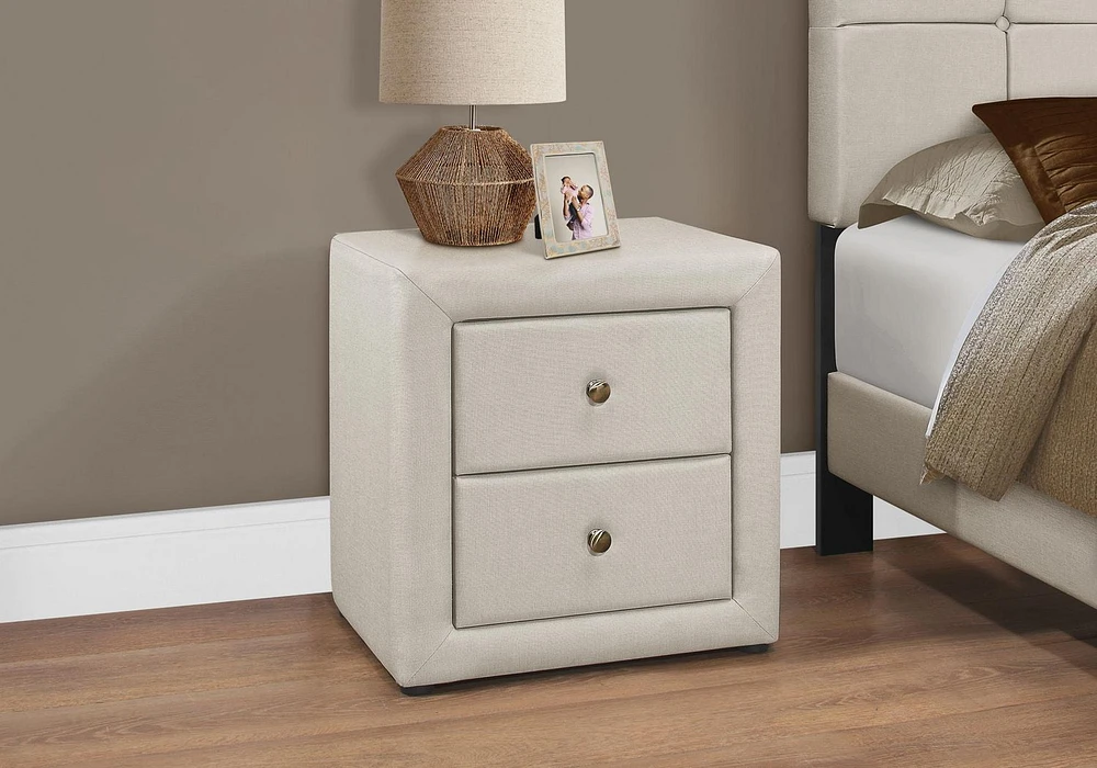 Monarch Specialties Bedroom Accent, Nightstand, End, Side, Lamp, Storage Drawer, Bedroom, Upholstered, Linen Look, Beige, Transitional