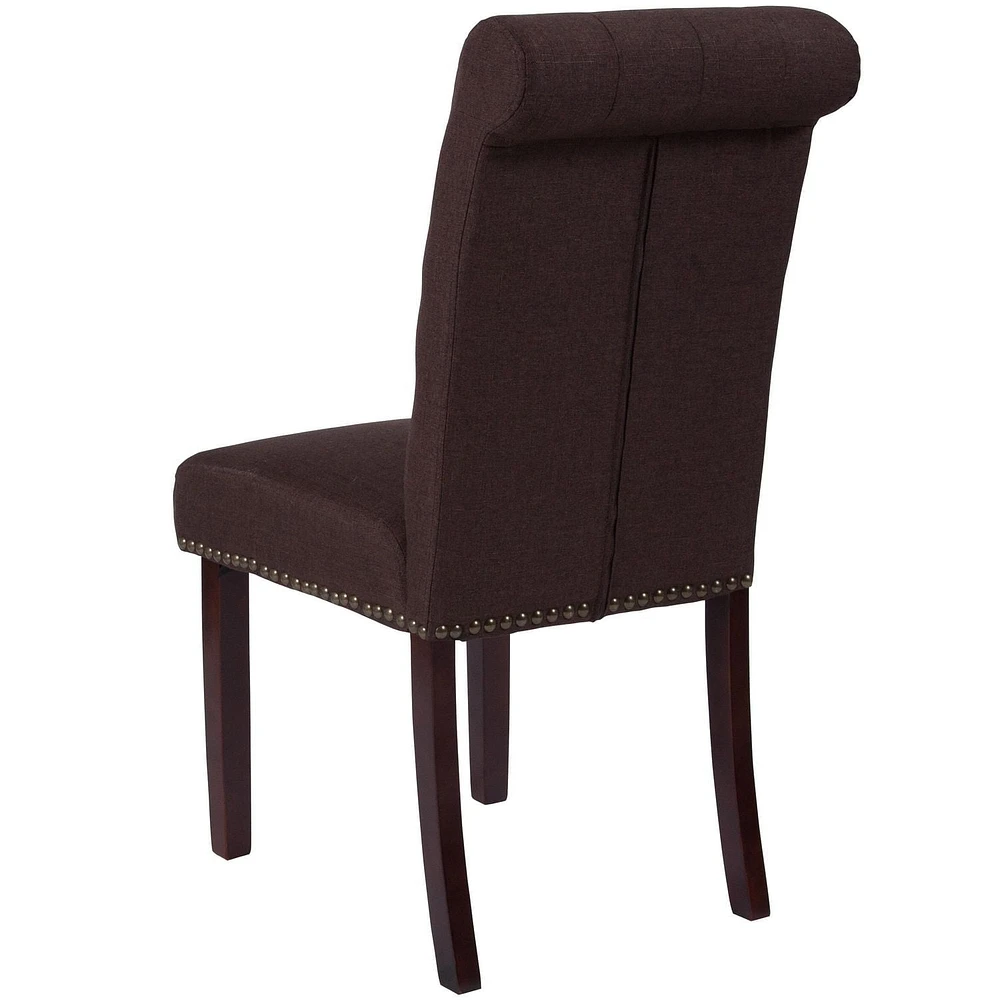 2 Pk. HERCULES Series Brown Fabric Parsons Chair with Rolled Back, Accent Nail Trim and Walnut Finish