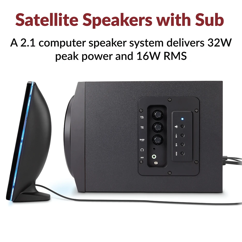 Système de haut-parleurs 3 pièces Cyber Acoustics CA-SP34BT, 32 W (total), Bluetooth, canal 2.1 avec caisson de basses et effets lumineux LED, son stéréo complet, noir