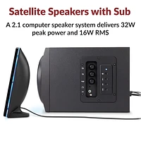 Système de haut-parleurs 3 pièces Cyber Acoustics CA-SP34BT, 32 W (total), Bluetooth, canal 2.1 avec caisson de basses et effets lumineux LED, son stéréo complet, noir