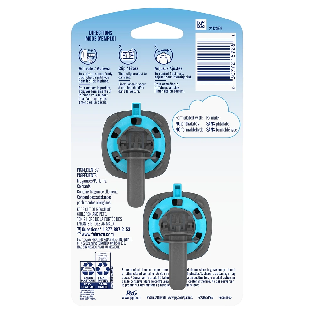 Assainisseur d’air pour voiture Febreze, pince pour bouche d’air automobile qui combat les odeurs, parfum Draps frais, 2unités
